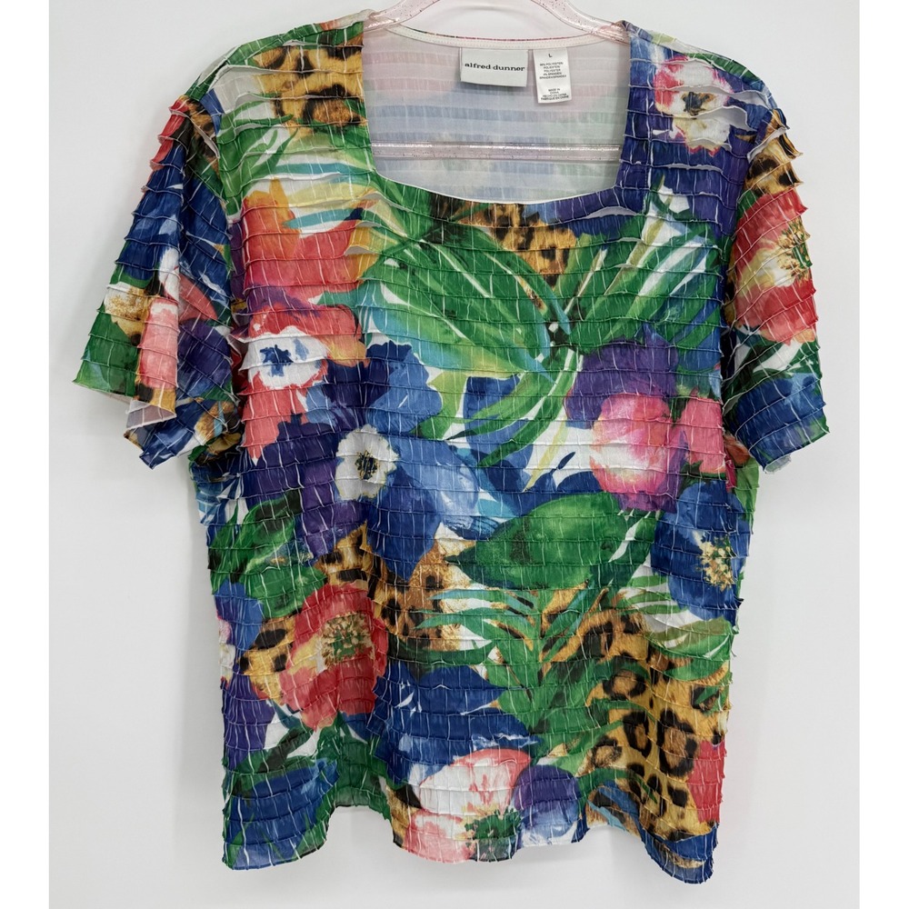 Alfred Dunner Womens Large Floral Leopard Print Ruffle Mesh Square Neck Top Sz L